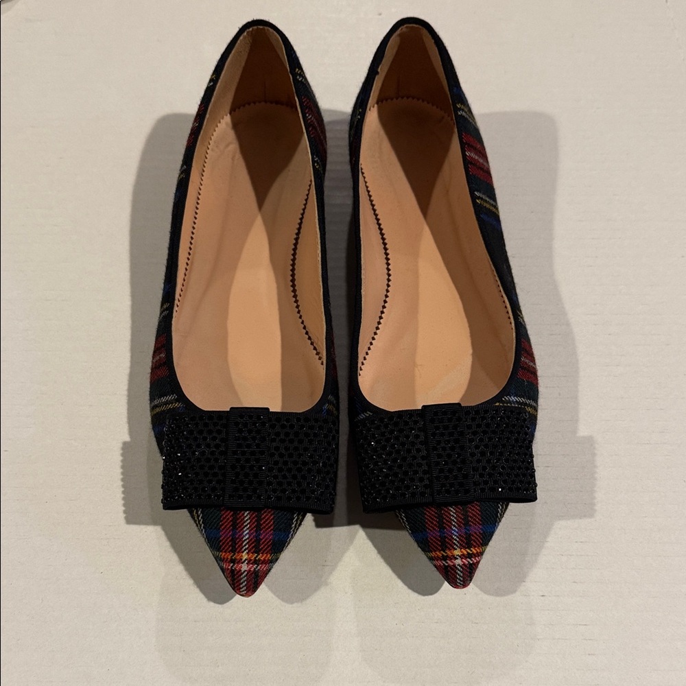 J. Crew Plaid Flats with Black Bow